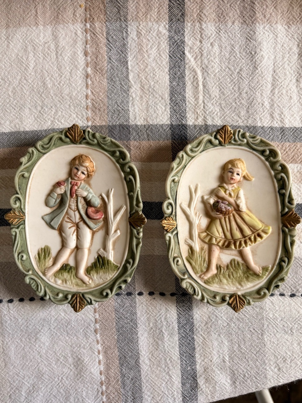 Vintage Enesco Japan Porcelain Bisque Victorian Boy & Girl Relief Wall Plaques